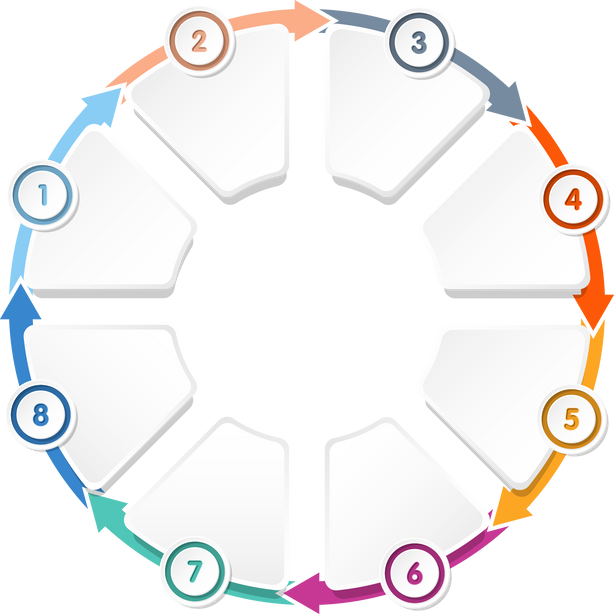 Basic circle infographic with 8 steps, process or options.